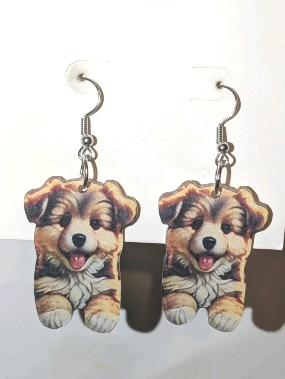 Hand Crafted Brown and Cream Puppy Dangle Earrings